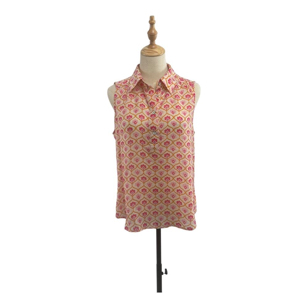 091 CAbi Cream/Orange/Pink Print Sleeveless Top, Size S (CAbi runs big)